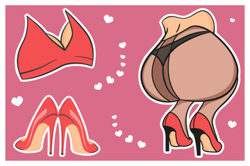 Sticker set of female underwear, panties, shoes, tights and bra. Cartoon vector illustration of woman pantyhose and lingerie. 