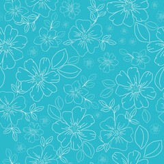 Fototapeta na wymiar Seamless vintage pattern. White outline of flowers and leaves. Bright blue background. vector texture. fashionable print for textiles, wallpaper and packaging.