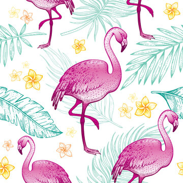 Flamingo pattern. Vector seamless background with summer pink flamingo bird, flowers, leaves. Wallpaper print. Tropical design illustration. hawaii animal texture. Beach exotic, trendy fashion fabric