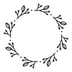 Vector hand drawn spring wreath isolated on white background. Outline circle of leaves. Doodle style. Floral frame.