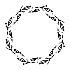 Vector hand drawn spring wreath isolated on white background. Outline circle of leaves. Doodle style. Floral frame.