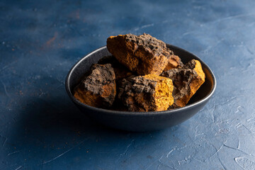 Chaga birch edible mushrooms in bowl on blue background.