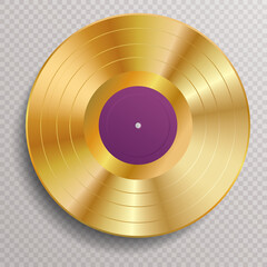 realistic golden vinyl plate with violet label, retro music success background - 485310842