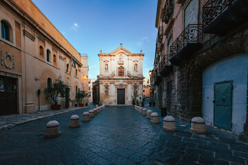 Wide view of the Cathedral of San Cataldo in the old town of Taranto at sunrise