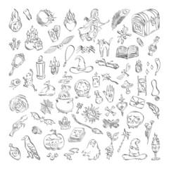 Collection of monochrome illustrations of magic items in sketch style. Hand drawings in art ink style. Black and white graphics.