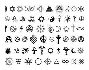 Collection of black esoteric and occult symbols on a white background. - obrazy, fototapety, plakaty