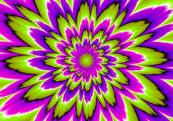 Green, pink and purple flower blossom. Illustration for children's room design. Optical expansion illusion.