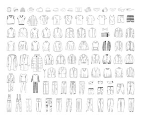 Collection of monochrome illustrations of men's clothing in sketch style. Hand drawings in art ink style. Black and white graphics. © Marina
