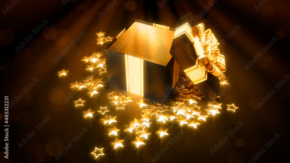 Poster black friday give-away opened giftbox with light from inside - abstract 3D rendering