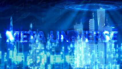 metaverse background with text - city integrated in digital world - abstract 3D illustration