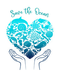 Save the Ocean template. Heart-shaped silhouettes of Sea life on the hands