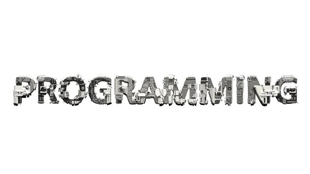 Programming text of technogenic metal scrap cyber details, isolated - loop video