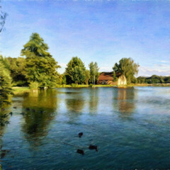 Obraz premium Digital landscape view oil painting with real brush strokes effect. Contemporary impressionism mixed style wall art print. Travel nature scene. Vacation postcards wall art print design beauty artwork.