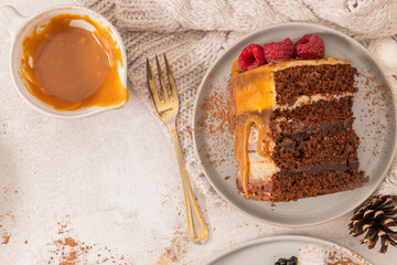Delicious semi-naked chocolate cake with caramel topping and decorated with blackberries and raspberries. Light background