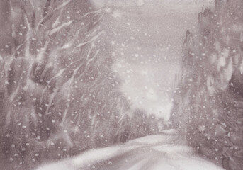 Forest trees in snowstorm monochrome watercolor background
