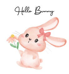 cute bunny rabbit girl give pink daisy flower cartoon watercolour vector