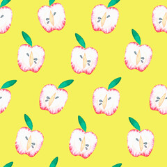 Apples. Seamless pattern. Watercolor illustration. Isolated on a yellow background. For your design.