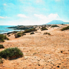 Digital landscape view oil painting with real brush strokes effect. Contemporary impressionism mixed style wall art print. Travel nature scene. Vacation postcards wall art print design beauty artwork.