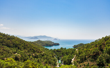 Panoramic view of Katranci Bay (Cove) in Fethiye. Fethiye is a city and district of Mugla Province in the Aegean region of Turkey.