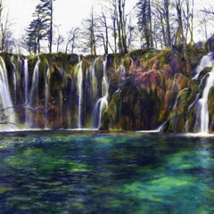 Digital landscape view oil painting with real brush strokes effect. Contemporary impressionism mixed style wall art print. Travel nature scene. Vacation postcards wall art print design beauty artwork.