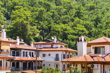 Obraz premium A view of vintage houses with tile roof in forest. Traditional Akyaka Houses view in Akyaka Village of Mugla, Turkey.