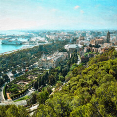 Fototapeta premium Digital landscape view oil painting with real brush strokes effect. Contemporary impressionism mixed style wall art print. Travel nature scene. Vacation postcards wall art print design beauty artwork.