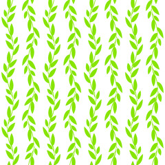 Seamless pattern wavy twigs with leaves.Green leaves garland. Vector illustration  on white background. Backgroundfor prints, textile, fabric, package, cover, greeting card ets