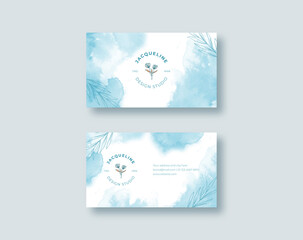 Naklejka na ściany i meble Beautiful business card template with blue watercolor texture