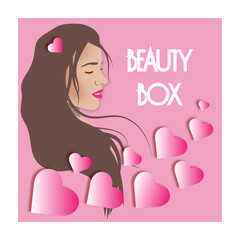 Illustration for beauty boxes. Beautiful girl and hearts.