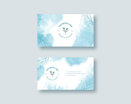 Beautiful business card template with blue watercolor texture