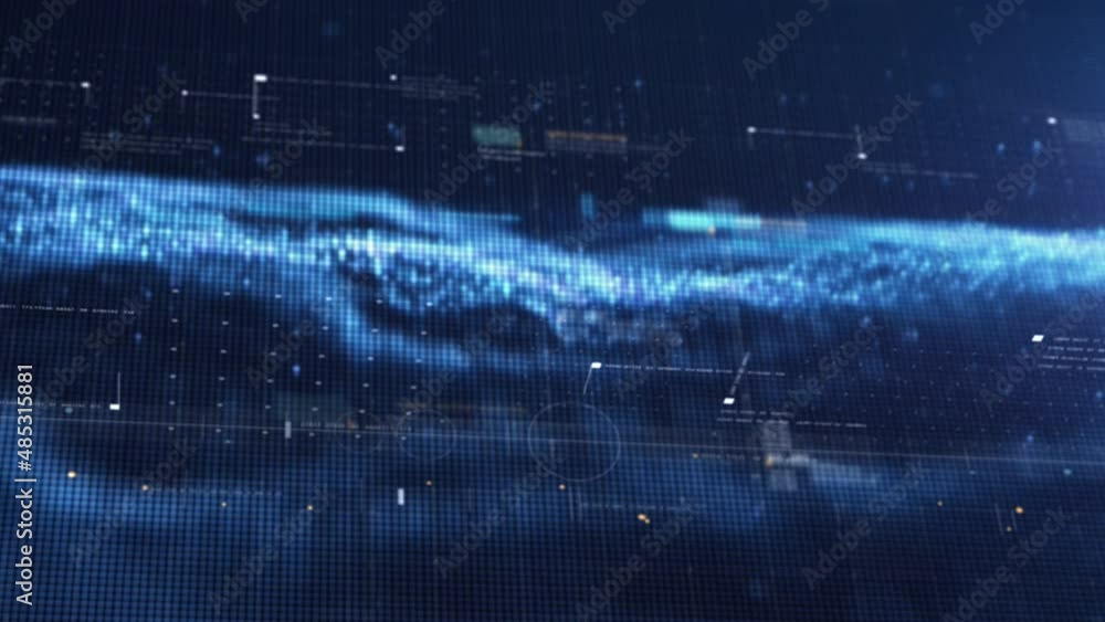 Fototapete Abstract de-focus flowing matrix data, telemetry and encrypt numbers display with particles simulation for head up display in cyber space environment background