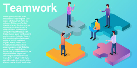 Teamwork.Business partnership, cooperation and teamwork.People are putting together a puzzle.Poster in business style.Flat vector illustration.