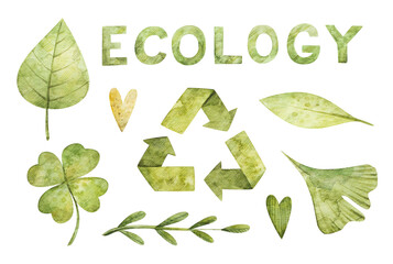 Watercolor set of green leaves, hearts and the word "ecology". Hand-drawn clover, ginkgo green leaves, symbol of recycling