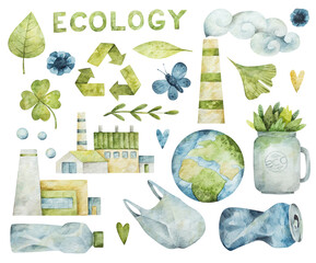 Watercolor eco-friendly, ecology set of illustrations. Eco symbols, symbol of recycling. Hand-drawn elements - factories, planet, green leaves and hearts on white background - obrazy, fototapety, plakaty
