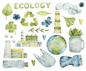 Poster Watercolor eco-friendly, ecology set of illustrations. Eco symbols, symbol of recycling. Hand-drawn elements - factories, planet, green leaves and hearts on white background © Katerina Koniukhova