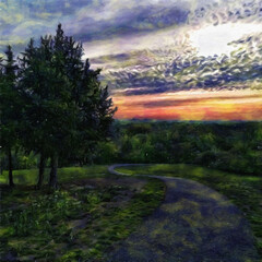 Obraz premium Painting on canvas beautiful travel landscape. Nature view wall art print oil mixed paint modern art. Large size drawing illustration. Touristic place wallpaper.