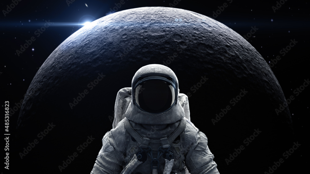 Poster astronaut in space suite stand in front of moon flare and sky in galaxy with 3d rendering.