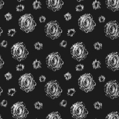 Seamless geometric pattern of circles. A white ornament on a black background, hand-drawn. Retro style. Design of the background, interior, wallpaper, textiles, fabric, packaging.