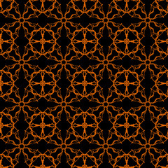 Seamless geometric pattern of mandalas, circles. Orange ornament, hand-drawn. Retro style. Design of the background, interior, wallpaper, textiles, fabric, packaging.