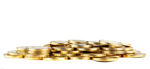 A pile of gold coins isolated on a white background. Treasure hunt. Scattered coins on the white...