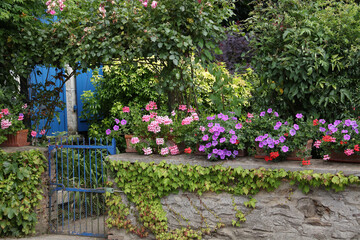 portillon en fer bleu à l'entrée d'un jardin