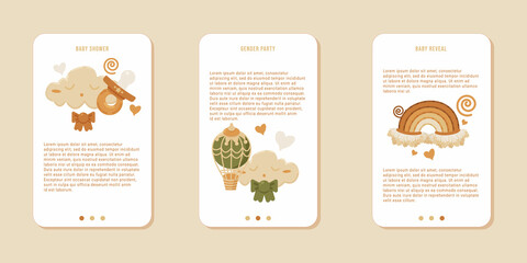 Set of three screens for mobile app. Concept of baby shower, gender party, baby reveal. Ready for use as web banner, mobile app, printable. 