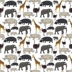 Seamless pattern with African animals. Illustration with elephant, rhino, giraffe, hippo, ostriche. Kids design print for fabric, wallpapers, textile. 