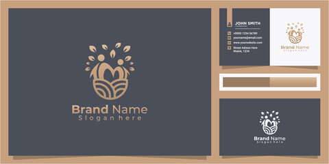 creative line art land and two people with leaf nature logo design concept with business card