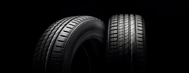 new beautiful tires on a black background, tire change season - obrazy, fototapety, plakaty