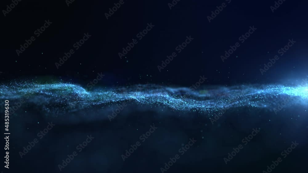 Aufkleber Futuristic digitally generated motion graphic blue particles wave flowing in virtual reality abstract cyber space environment de-focus abstract background
