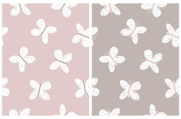 Cute Hand Drawn Seamless Vector Pattern with Abstract Sketched Butterflies ideal for Fabric, Textile, Wrapping Paper. Simple Print with White Flying Butterlies on a Light Pink and Gray Background. 