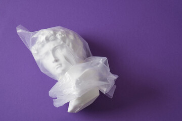 head of david in a transparent plastic bag on a purple background copy space