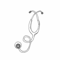 Stethoscope, medical equipment cartoon doodle hand drawn vector illustration, icon, sticker. Black line art design. Isolated on white background. Easy to change color. Medicine, health care.