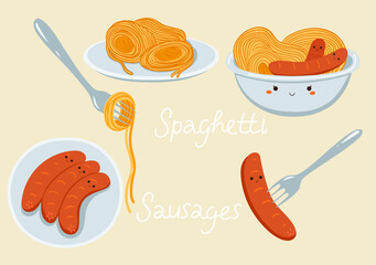 Spaghetti and sausage food set. Vector graphics.